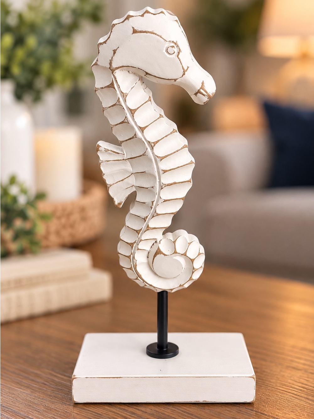 White Distressed Seahorse Table Sculpture - Home Art